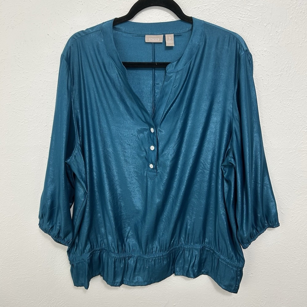 Chico's Silky‎ Turquoise Blue Blouse 3 Button V Neck Ruffle Hem Size 3 /XL Boho